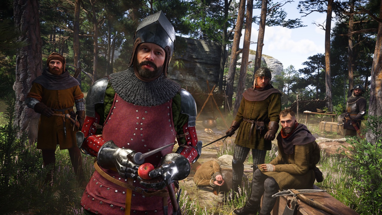 An armoured lord standing with his retinue of men-at-arms in woodland in Kingdom Come: Deliverance II