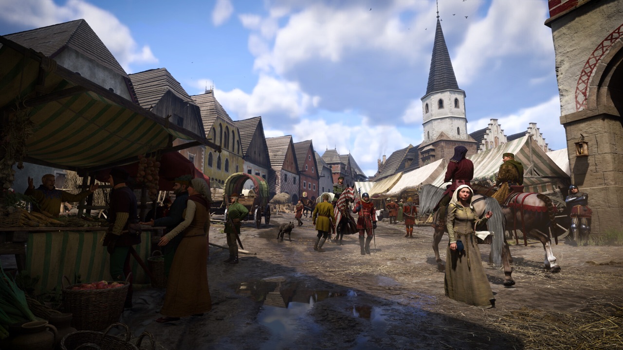 A busy market street of timber townhouses beneath a church spire in Kingdom Come: Deliverance II
