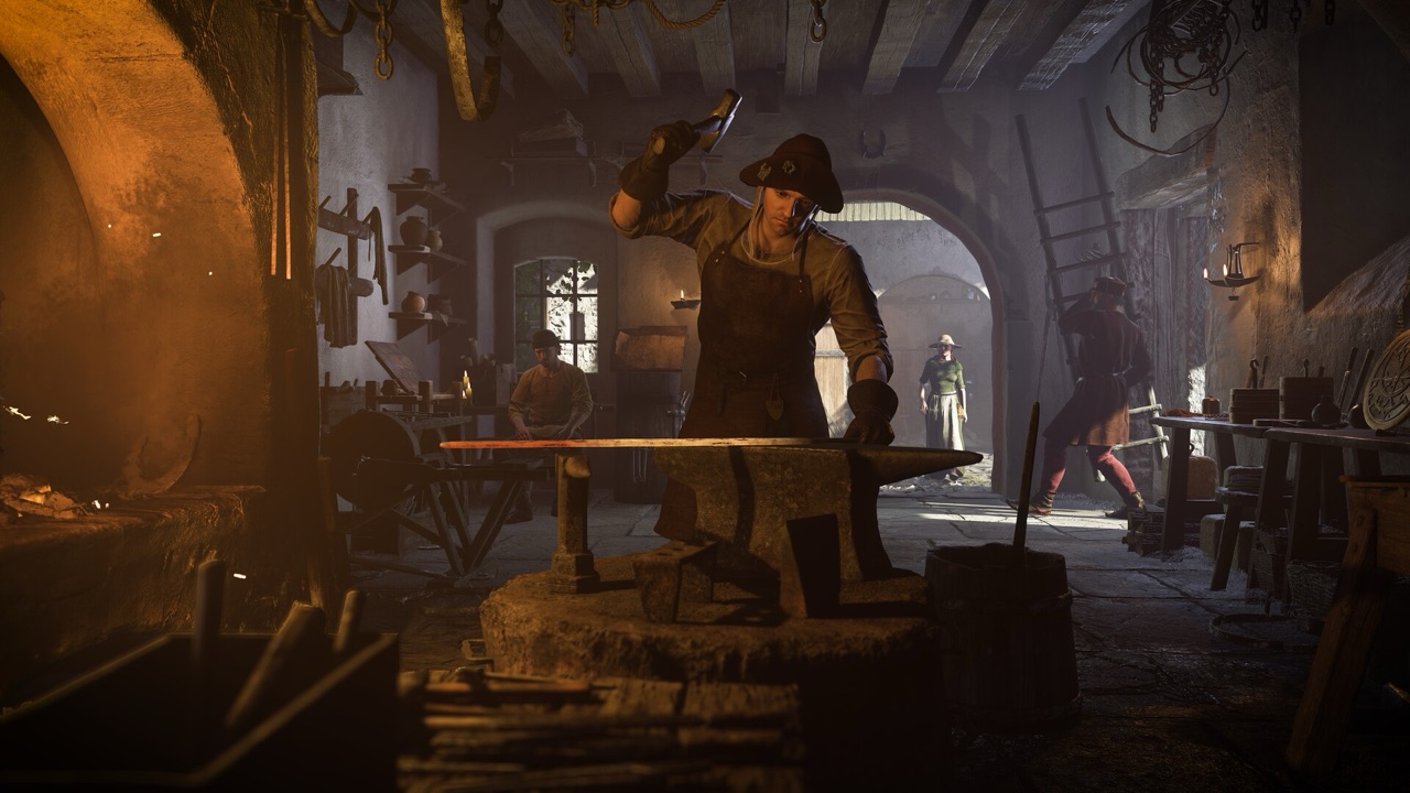 A blacksmith hammering a glowing blade on the anvil in a forge in Kingdom Come: Deliverance II